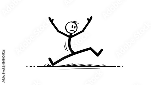 Scared Stick Figure Tripping and Falling, Losing Balance with a Surprised Expression on Isolated White Background