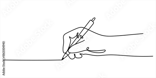 Continuous line art drawing of a hand holding a pen and writing a line on paper Vector, illustration
