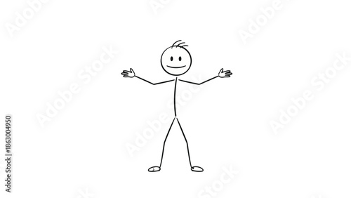 Happy Smiling Stick Figure Spreading Arms in an Open, Welcoming Gesture on Isolated White Background