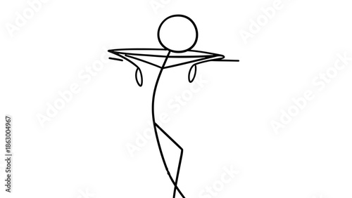 Stick figure balancing a tray on head in an isolated white background, depicting service and skill.