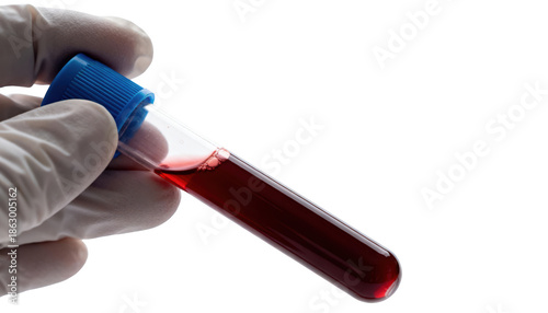 Macro closeup of a single blood sample tube held by gloved fingers against a neutral background emphasizing detail and clarity in medical diagnostics.
