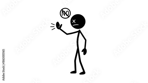 Unhappy stick figure showing a 'NO' sign with hand gesture in an isolated white background, expressing rejection and disapproval.