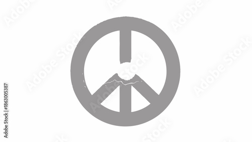 Broken peace symbol on a white background, representing conflict and the absence of harmony.