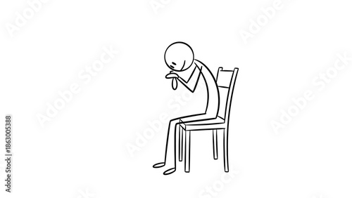 Sad Stick Figure Sitting on Chair Feeling Distressed and Crying on Isolated White Background