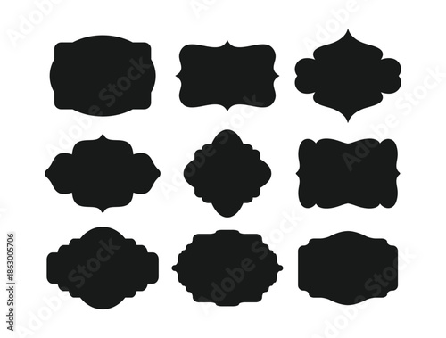 Set of vintage label and badges shape collections. Vector illustration. Black template for patch, insignias, overlay. Black silhouette frames or cartouches for badges.