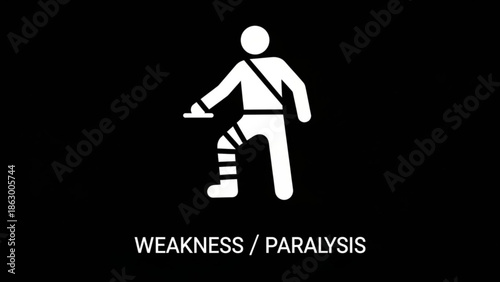 Injured Person with Broken Leg Walking with Crutches, Weakness and Paralysis Concept, White Silhouette on Black Background