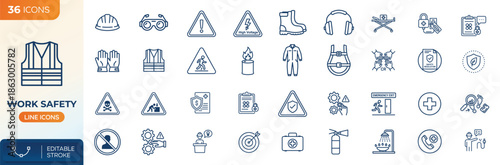 Work safety line editable icons set. Workplace protection symbols, helmet warning equipment health regulation. Editable stroke. Vector illustration