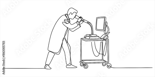 Continuous line art of a doctor performing a medical examination with specialized equipment Vector, illustration