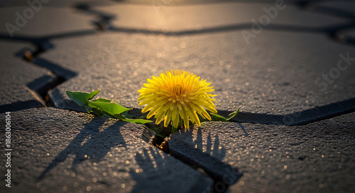 Yellow dandelion flower growing through a crack in gray concrete