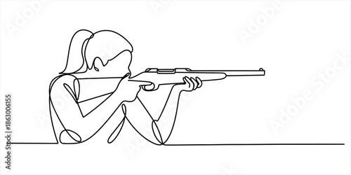 Continuous line art drawing of a female shooter aiming a rifle during target practice Vector, illustration