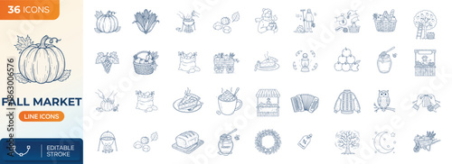 Fall market doodle icon set, featuring autumn harvest, seasonal food, handmade goods and cozy rural lifestyle. Hand drawn outline symbols for decoration, illustration and design.