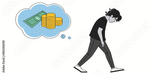 Sad person worried about money and financial stress illustration