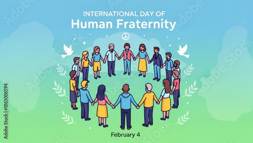 Diverse People Holding Hands in Circle for International Day of Human Fraternity on February 4, Illustration