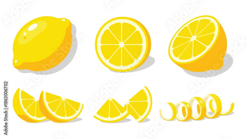 Yellow lemon fruit icons with slices and spiral peel vector illustration