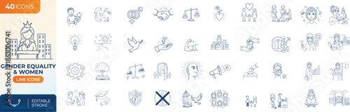 Gender equality and women empowerment doodle icons set. Women leadership, education, equal rights, social justice, diversity, inclusion and human values concepts.