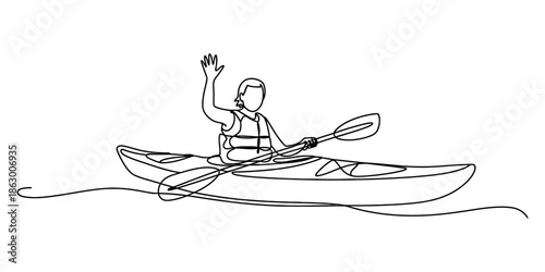 A person kayaking in continuous line art style, waving a greeting on the water Vector, illustration