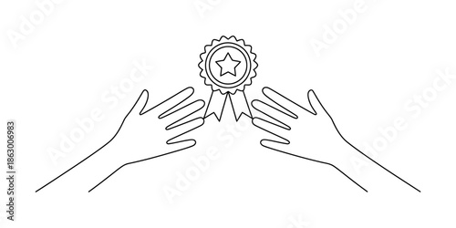 Hands reaching towards a star rosette award continuous line art illustration Vector, illustration