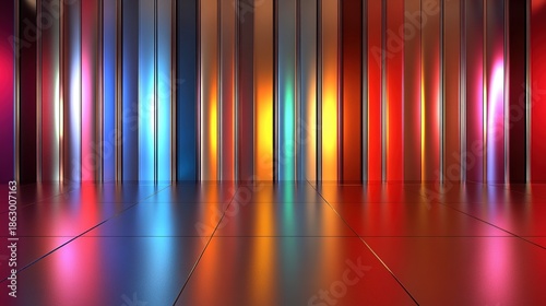 A vibrant, reflective room with multicolored vertical light panels creating a futuristic, abstract atmosphere.