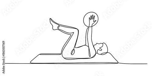 A person doing core exercise on a mat with a ball in continuous line art style. Vector, illustration