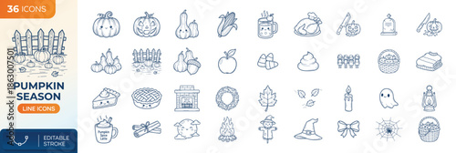 Pumpkin season doodle icon set. Autumn harvest halloween fall elements food decoration cozy lifestyle outline vector illustration for web app print design