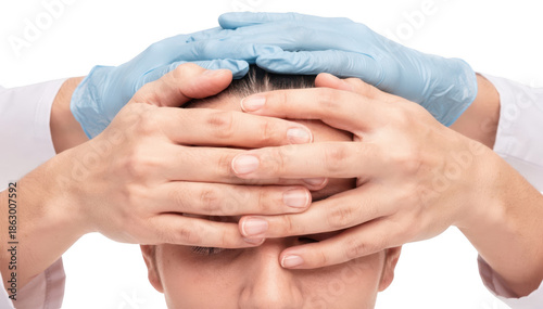 Nurses hands demonstrating scalp incision protection with gentle hand gestures isolated on white background for postoperative care education.