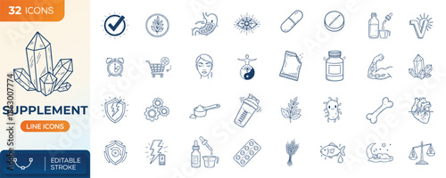 Supplement line editable icons set. Health nutrition symbols, vitamin capsule protein mineral herbal probiotic antioxidant. Editable stroke. Vector illustration