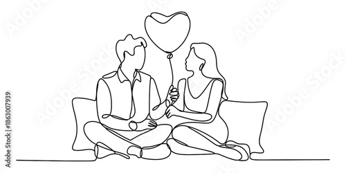 A continuous line art of a romantic couple holding a heart balloon on a date Vector, illustration