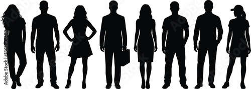 Silhouettes of eight diverse people in different outfits and poses, representing individuality, fashion variation, and professional-casual contrast