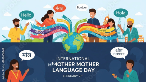 Diverse People Celebrating International Mother Language Day with Cultural Greetings