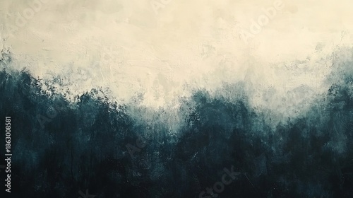 Abstract painting of a misty forest with dark blue trees blending into a light, foggy sky.