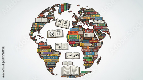 Global Education Concept with Books and Languages on White Background