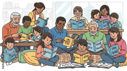 Diverse Family Reading Books Together at Home