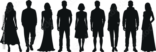 Silhouettes of nine diverse people standing side by side, showcasing fashion variety, body shapes, and minimalist human figure design