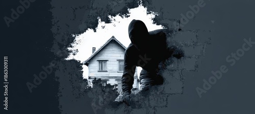 Burglar or intruder inside of a house. Illegal crime criminal danger. Hacker access the data center concept. Generative AI technology.	

