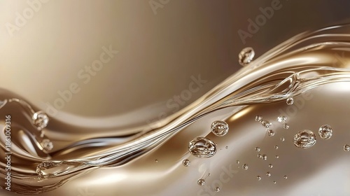 Abstract golden fluid waves with bubbles and sparkles on a smooth, shiny background.