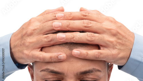 Nurses hands demonstrating scalp incision protection with gentle hand gestures isolated on white background for postoperative care education.