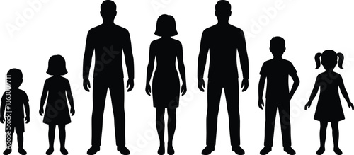 Silhouettes of seven people across age groups standing in line, representing family diversity, generational identity, and demographic illustration