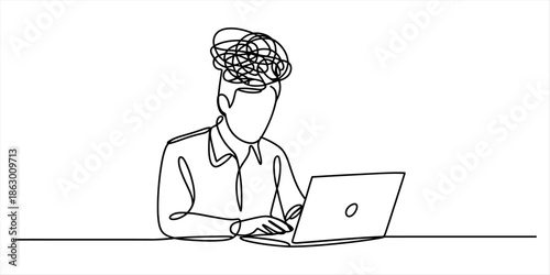 Person with confused thoughts using a laptop Vector, illustration