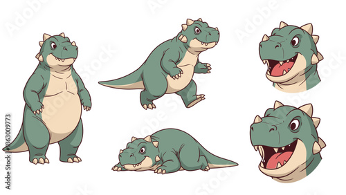 Adorable Green Cartoon Dinosaur Character Design Poses Set: Standing, Walking, Lying Down, and Happy Face Expressions, Vector Illustration