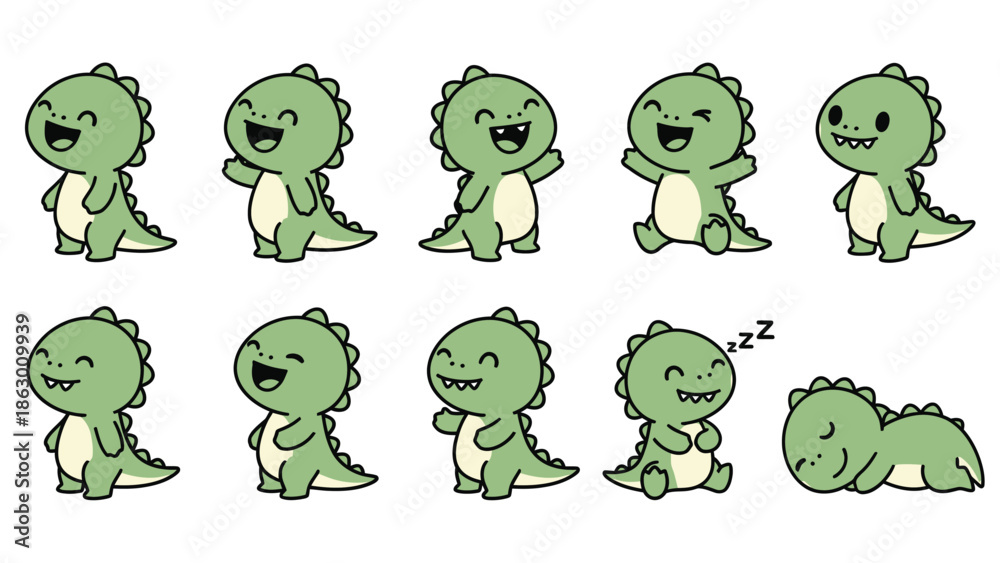 Obraz premium Adorable Green Dinosaur Cartoon Character Vector Set: Happy, Waving, and Sleeping Poses with Diverse Expressions