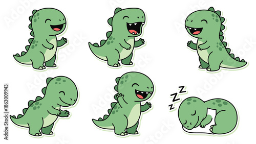 Adorable Green Dinosaur Cartoon Character Vector Set with Playful Poses and Happy, Sleeping Expressions for Kids Designs