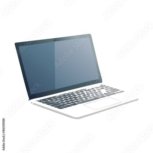 Open silver portable laptop computer with a blank black screen and keyboard isolated on a white background for business technology and web design