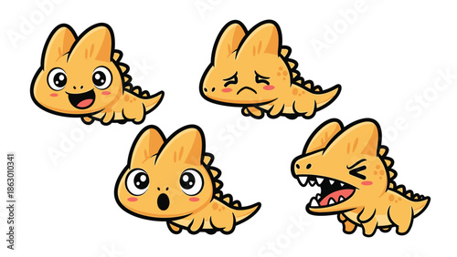 Adorable Cartoon Fantasy Creature Emoticon Set: Happy, Sad, Surprised, and Angry Expressions on White Background