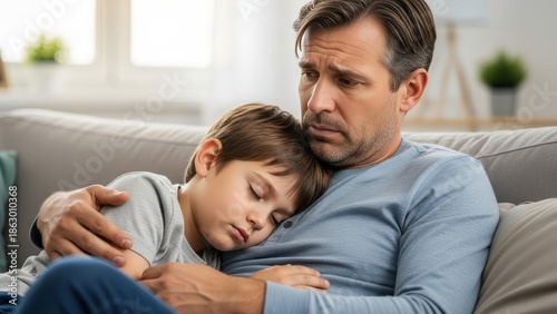 Concerned father in casual wear comforting sleeping son on sofa