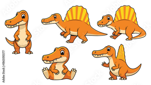 Cute Orange Spinosaurus and Baby Crocodile Cartoon Dinosaur Characters Set. Adorable Prehistoric Reptiles in Various Playful Poses on White Background.