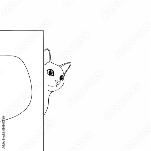 A minimalist vector illustration of a cat's face peeking from behind a rectangular outline on a clean white background with simple lines.