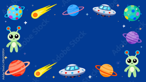 Cartoon space scene with planets aliens and UFOs