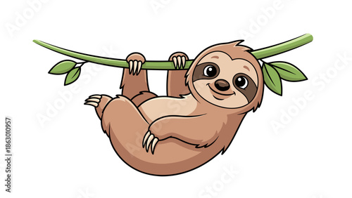 Cartoon Sloth Hanging on Branch Smiling.