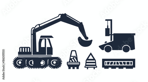 Excavator and Construction Vehicles Silhouette.
