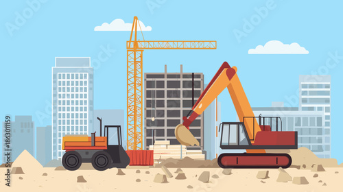 Construction Site with Crane and Excavator.